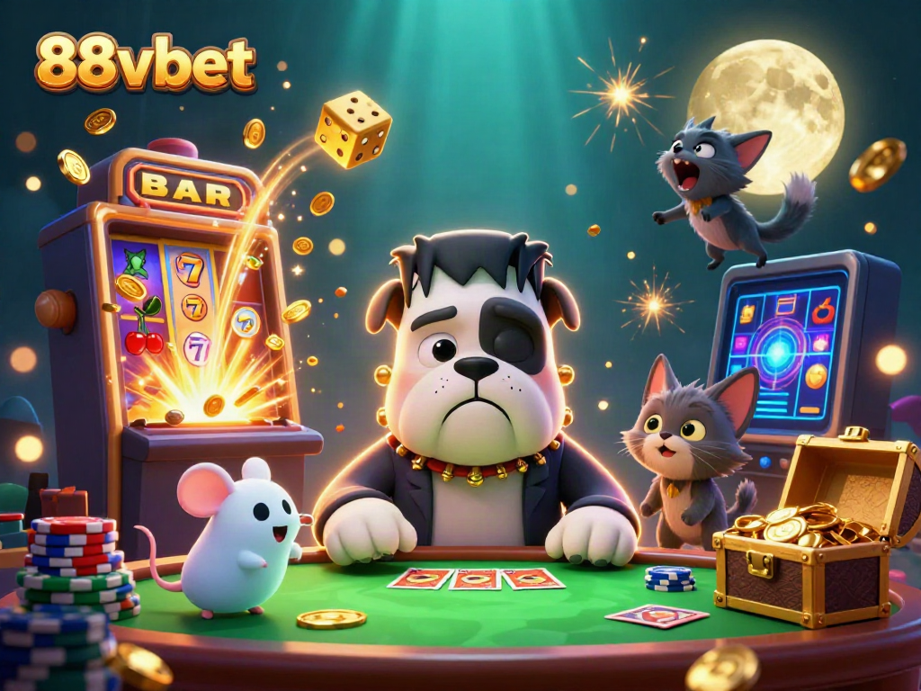 Engage with 88vbet's vibrant casino atmosphere featuring a whimsical scene of characters and gaming elements.