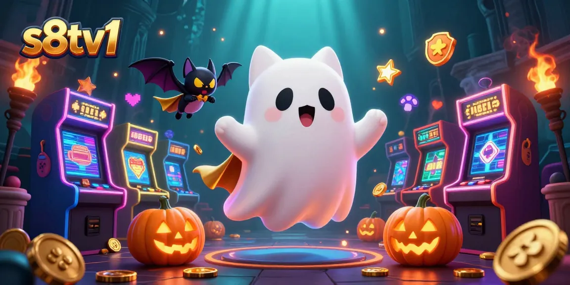 Experience thrilling gaming with s8tv1's ghost cat and vampire bat in a vibrant casino scene.