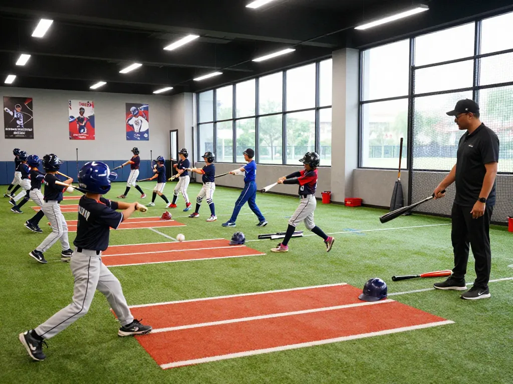 Hitclub youth athletes training in dynamic batting drills at modern facility