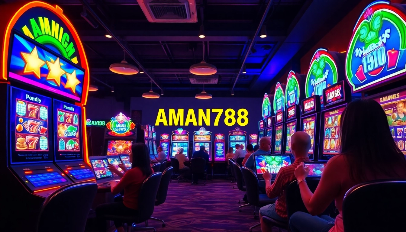 A dynamic online gaming scene showcasing aman788's popular slot recommendations with bright, colorful machines and engaged players.