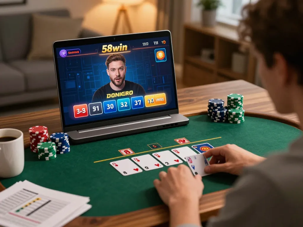 Player engaging in live dealer blackjack on 58win, showing cards and chips in a cozy home office setting.