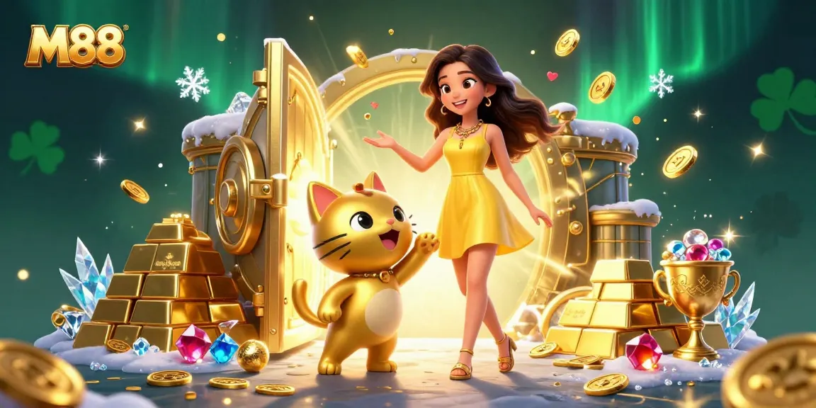 Experience winning at M88 with lively characters celebrating amidst golden treasures and gem-filled excitement.
