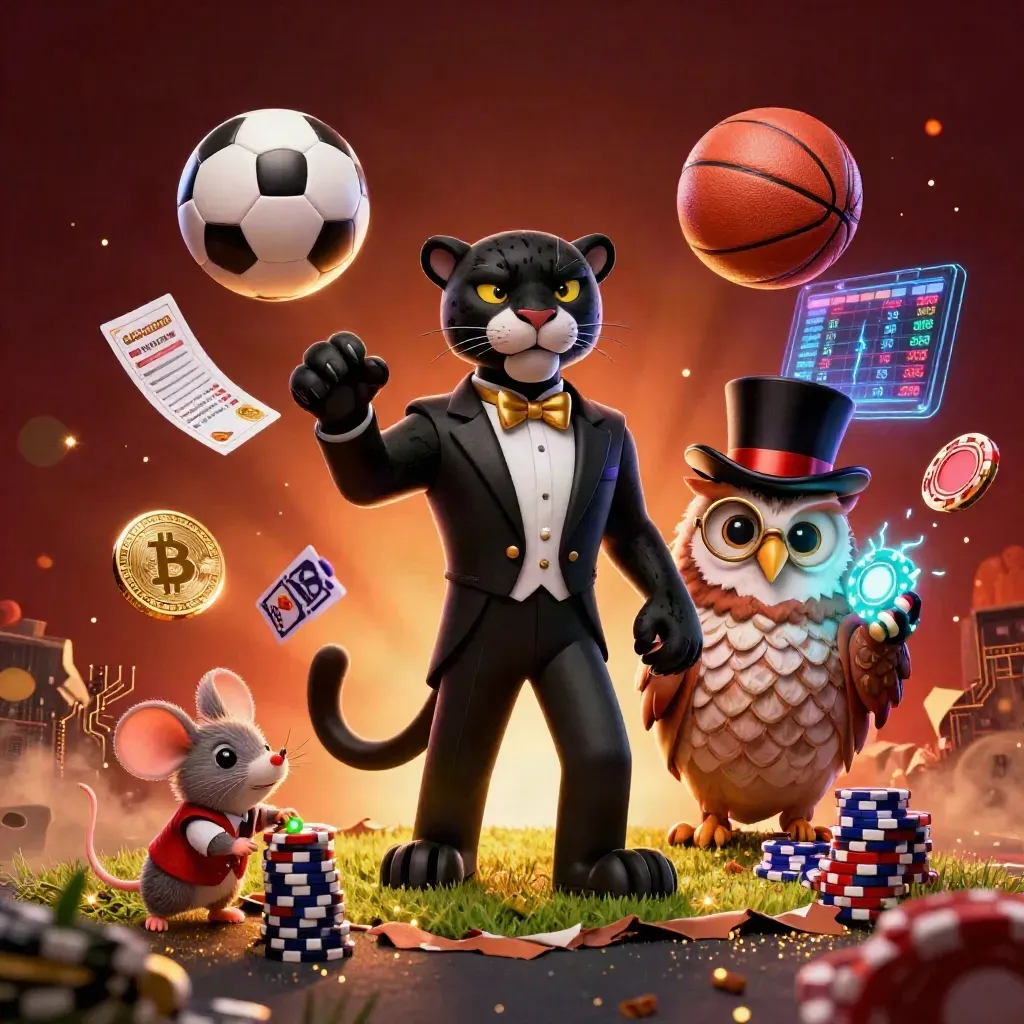 Tuxedoed panther, owl and mouse amid flying sports gear, chips and neon casino effects.