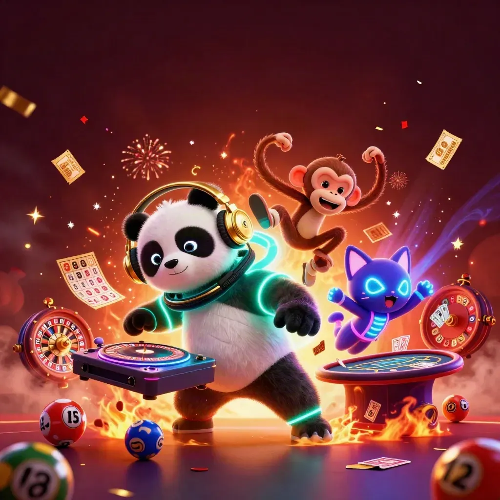 DJ panda, dancing monkey, and glow-stick kitten amid casino magic and treasure bursts.