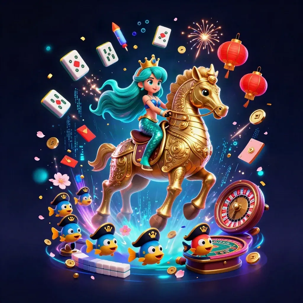 Mermaid princess on armored seahorse amid casino treasures, neon-lit in dark navy.