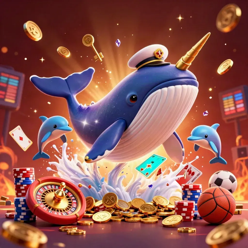 Whale captain, narwhal and dolphins burst through coins with casino icons and glowing lights.