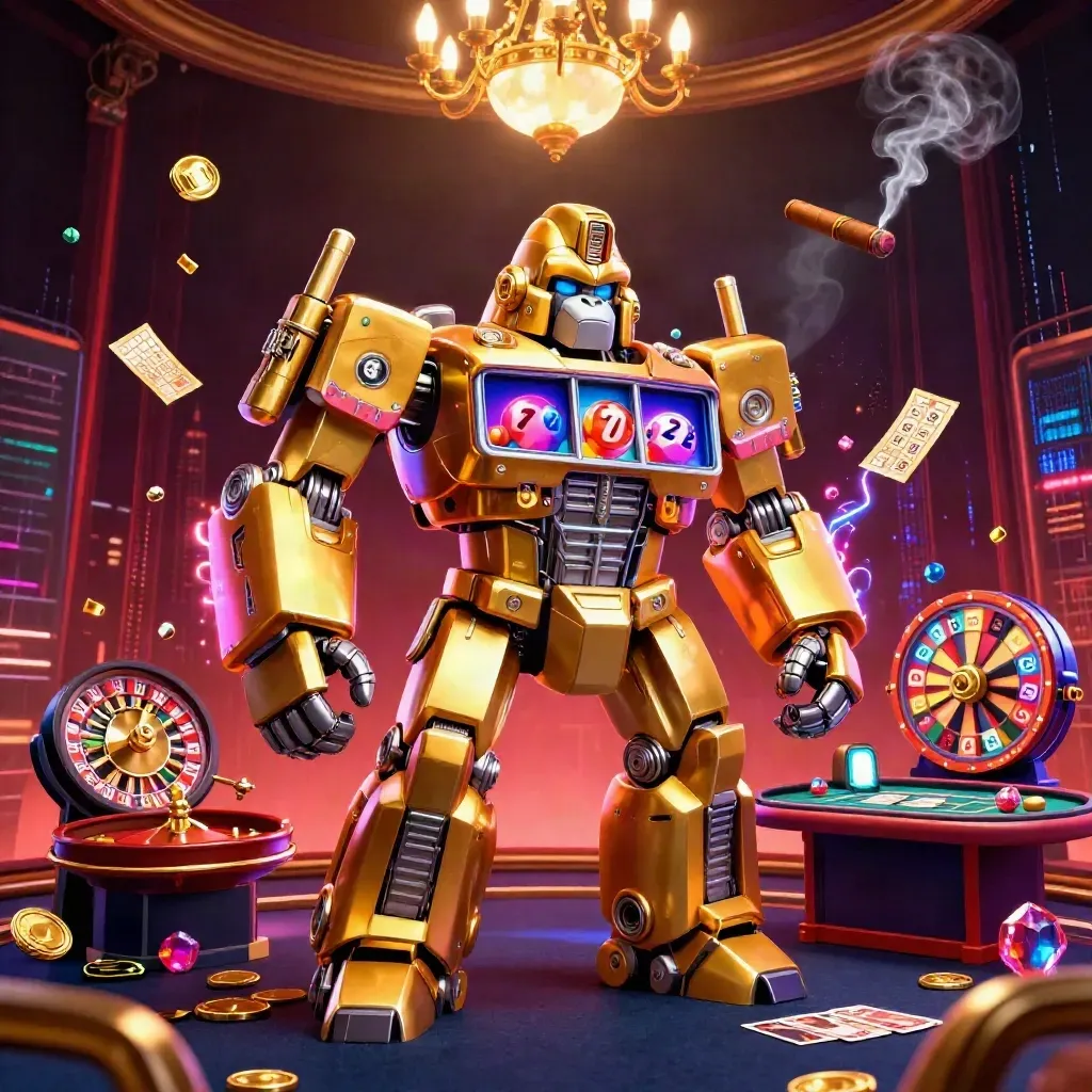 Golden gorilla slot mech with tiny monkey pilot, neon casino chaos, dark luxe backdrop