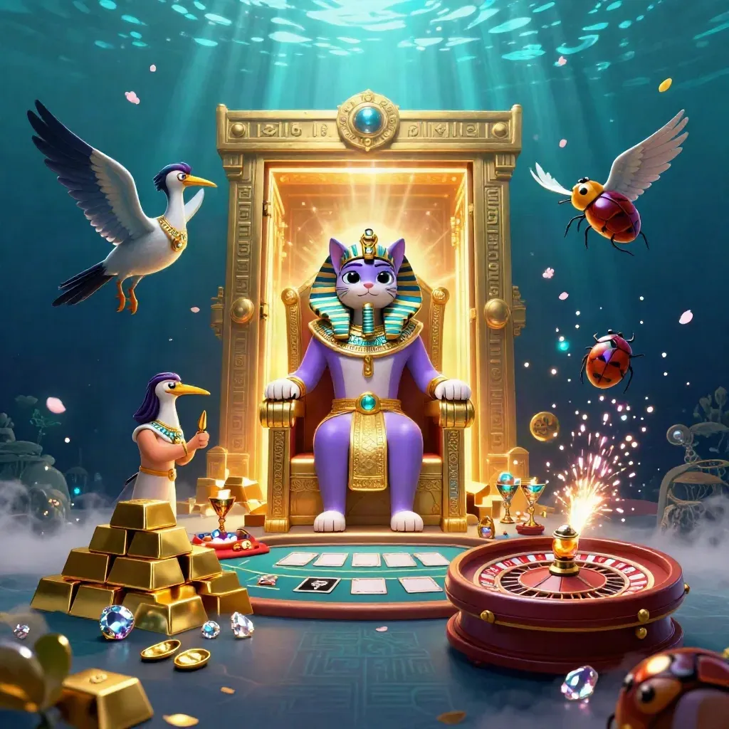 Pharaoh cat, ibis scribe, and gem-wing scarabs in a luxe casino vault explosion