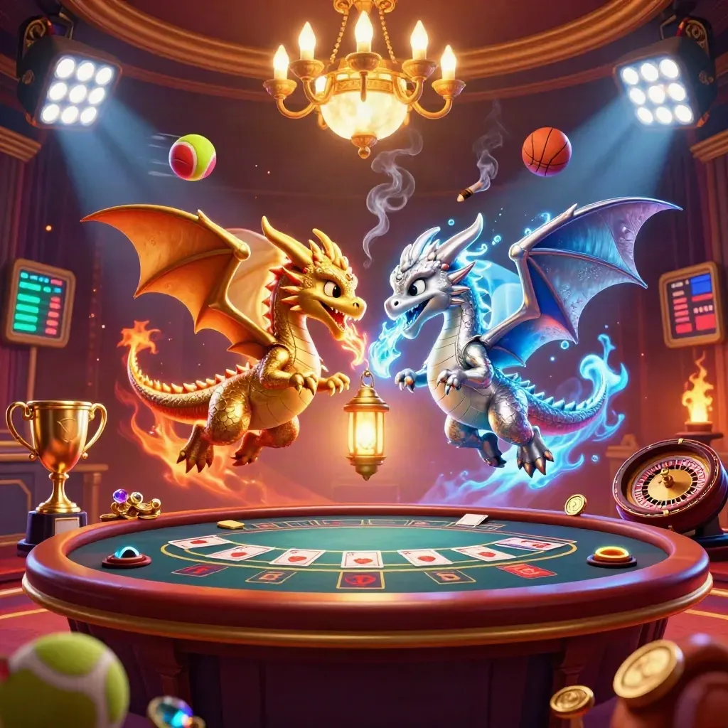 Two dragon mascots yin-yanging in a luxe casino blaze with balls, coins, trophy, and floodlights.
