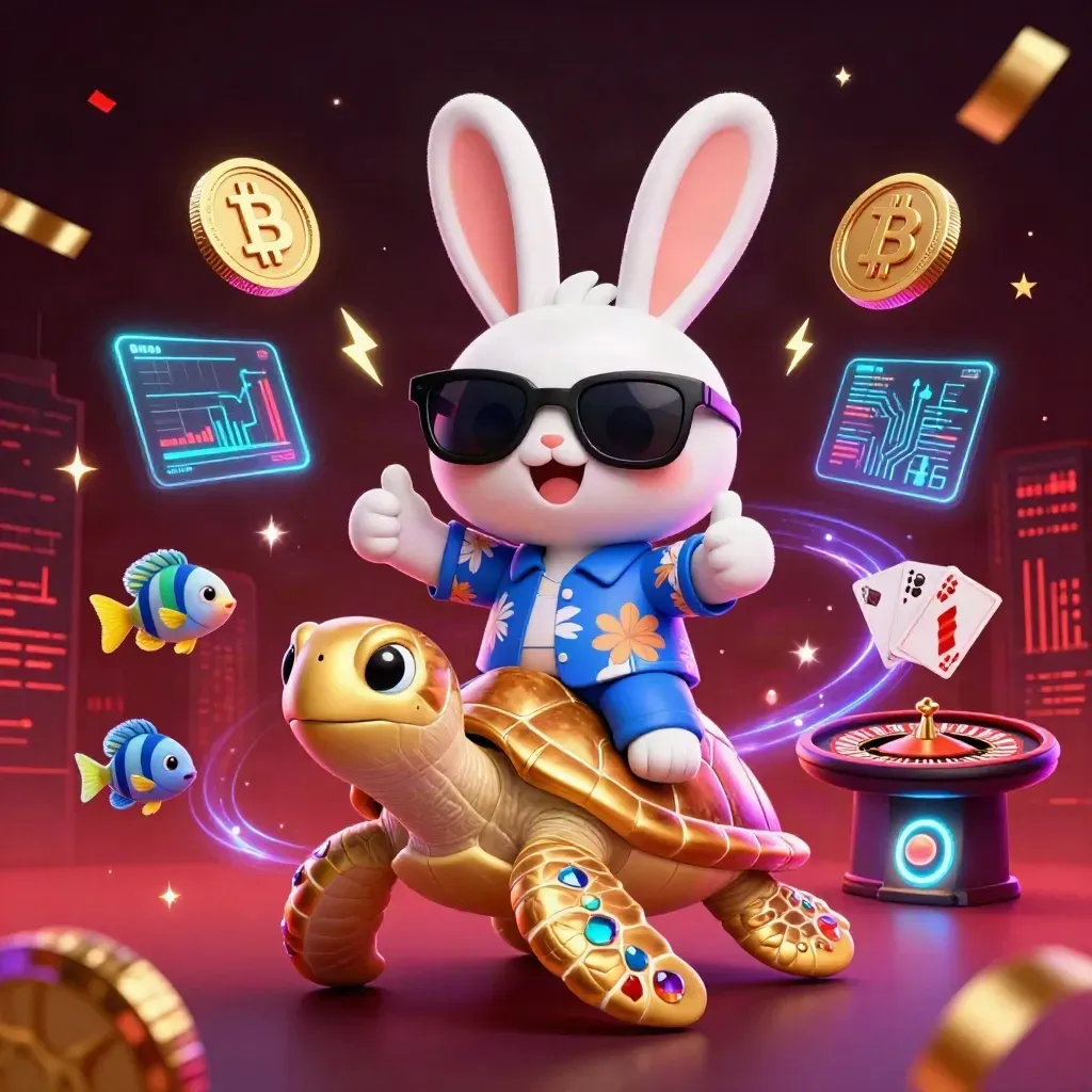 Lucky rabbit on golden sea turtle amid casino lights, coins, charts, confetti and fireworks.