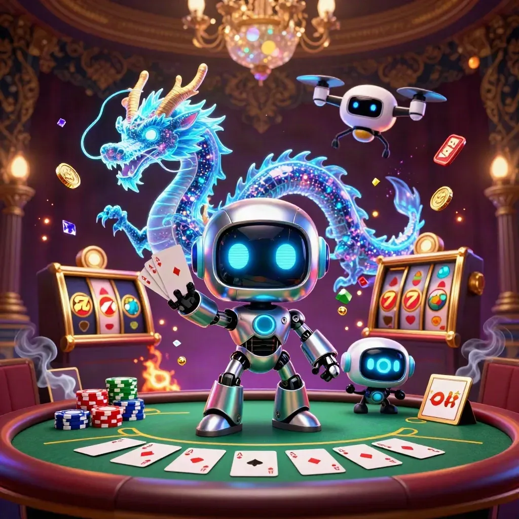 Cyberpunk robot, holographic dragon and coin drone amid casino chips, cards and neon glow.