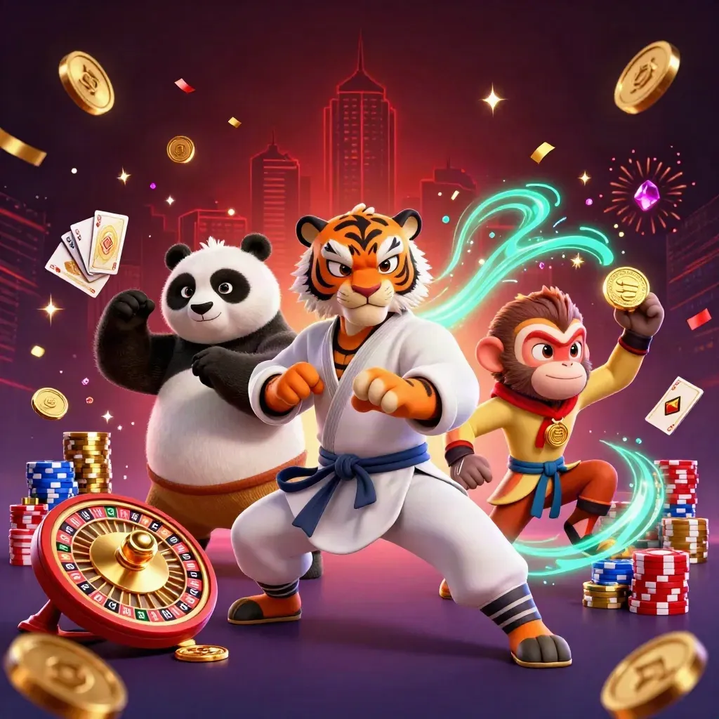 Tiger, panda, and monkey casino heroes amid coins, gems, roulette, and neon energy