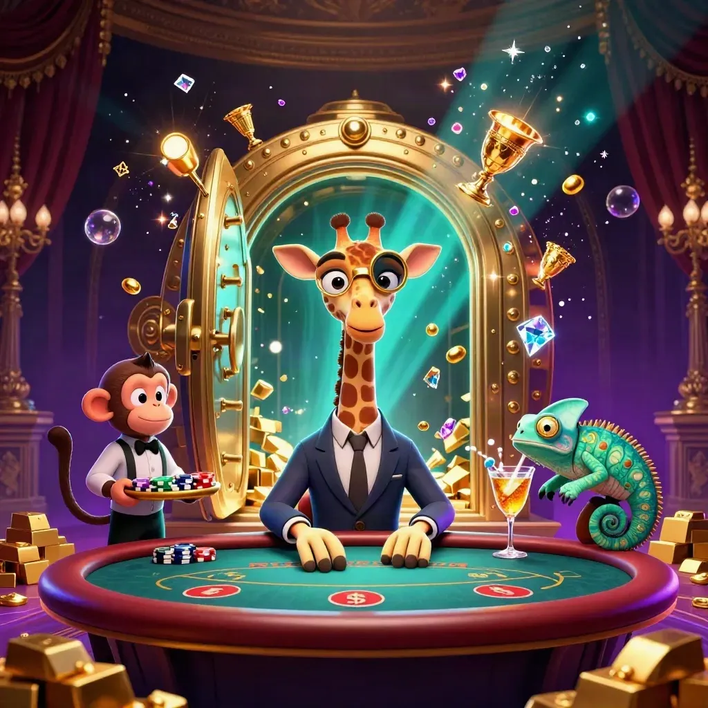 Giraffe, monkey, and chameleon amid a vault blast of gold, gems, and teal-purple glow.