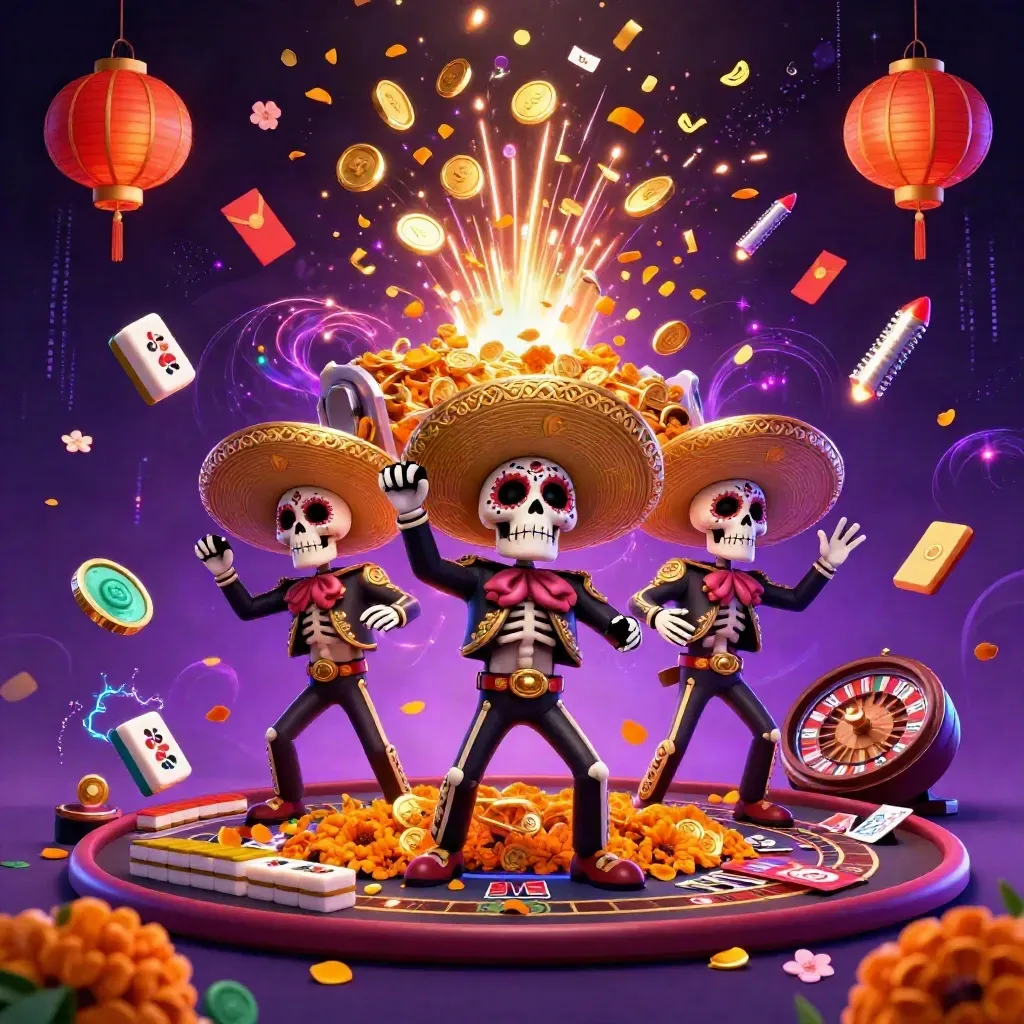Skeleton mariachi trio amid coin burst, fireworks, lanterns, and casino riches in royal purple glow.