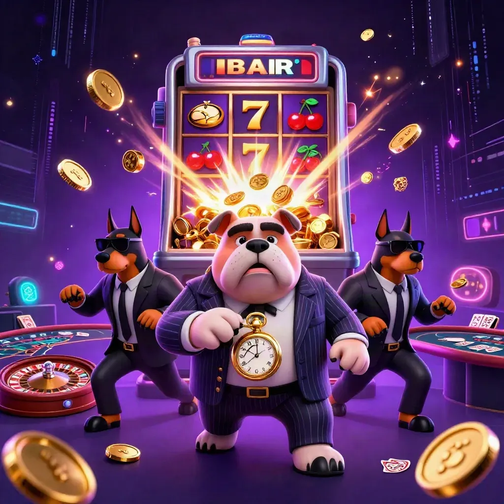 Bulldog boss and Doberman bodyguards amid exploding slots, coins, cards, and neon casino magic