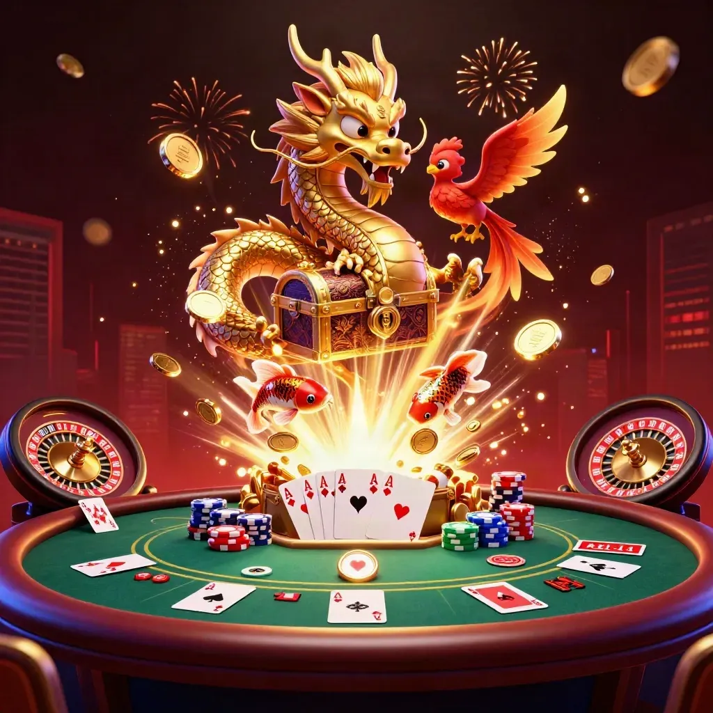 Golden dragon, phoenix and koi amid casino chips, aces and coins in a luxe red-gold burst.