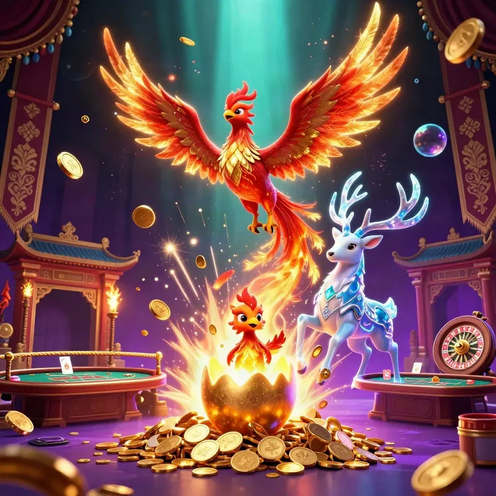 Phoenix, stag, and hatchling amid coins, temple gate, roulette wheel, and neon casino glow