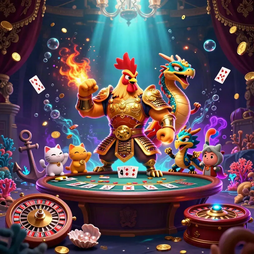 Rooster warrior, dragon hatchling, and fortune-cat amid a treasure cove, coins, coral, and casino gear