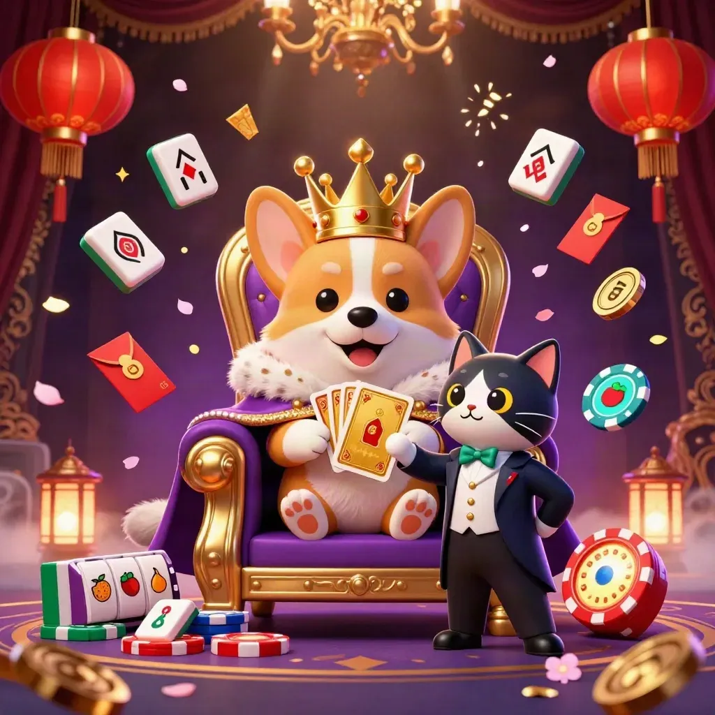 Royal corgi and cat butler amid casino charms, lanterns, reels, and gold-flecked magic.