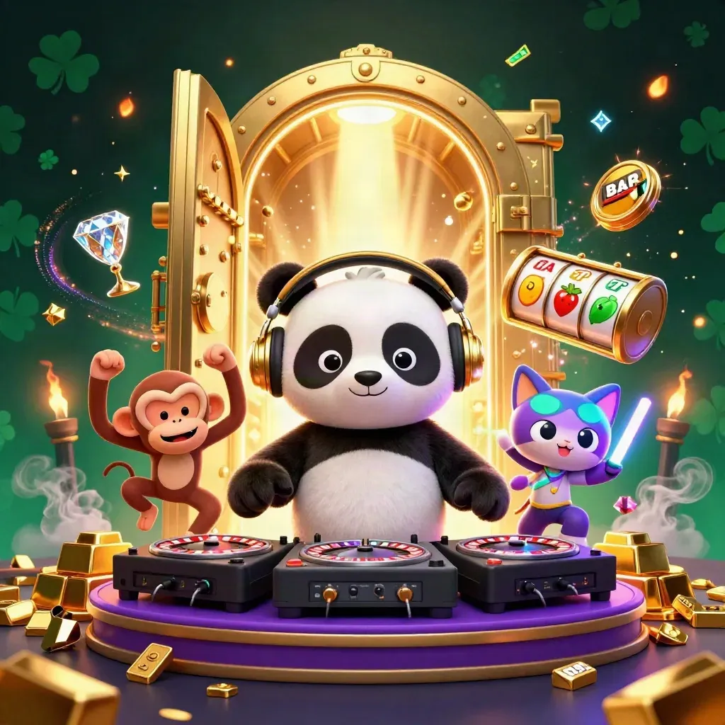 DJ panda, dancing monkey and glow-stick kitten by a bursting gold vault in neon casino light.