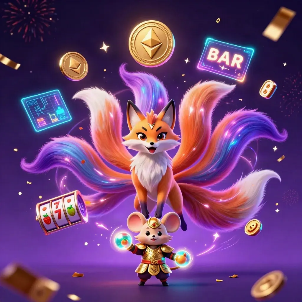 Neon nine-tailed fox spirit with armored mouse, coins, lightning, and casino effects on a dark purple background.