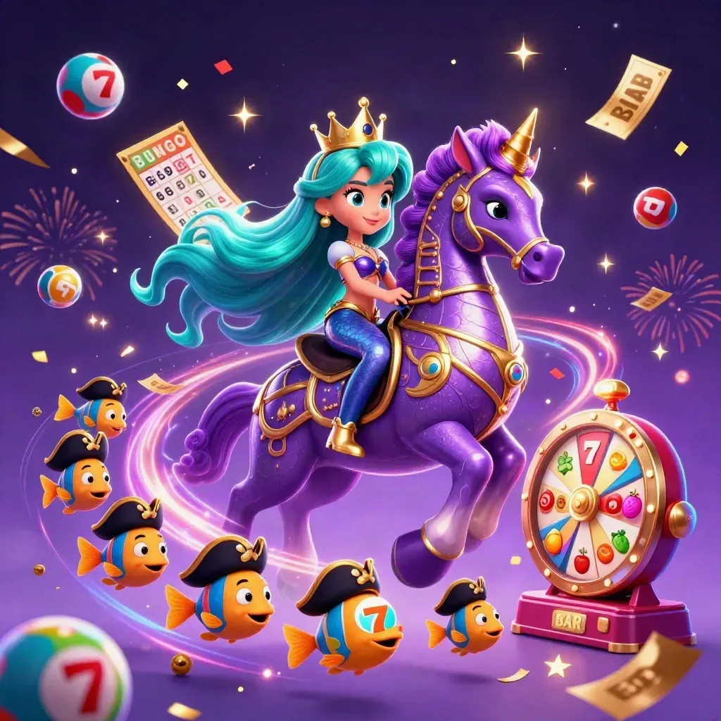 Mermaid princess riding armored seahorse amid casino game elements, confetti, fireworks, and purple gold glow.
