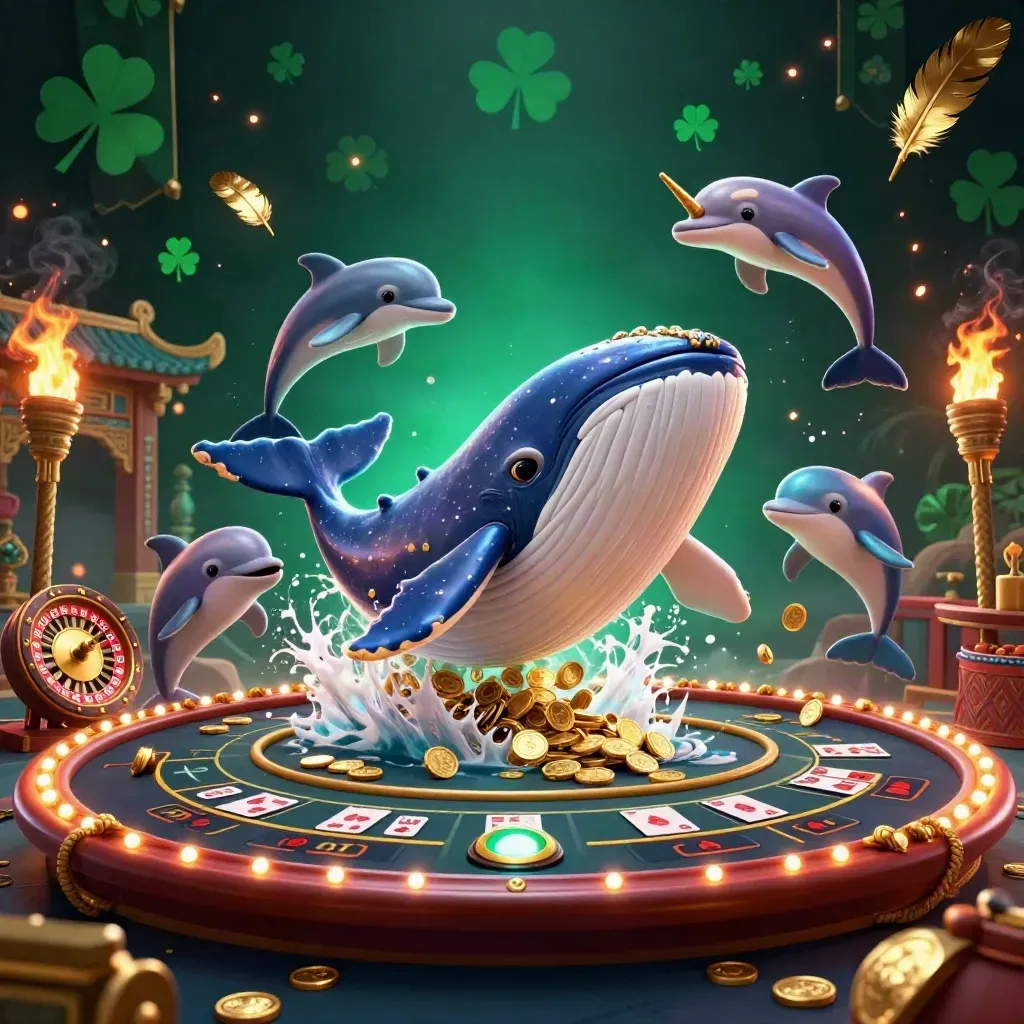 Giant cartoon whale captain, narwhal, and dolphins amid casino coins and glowing table props.