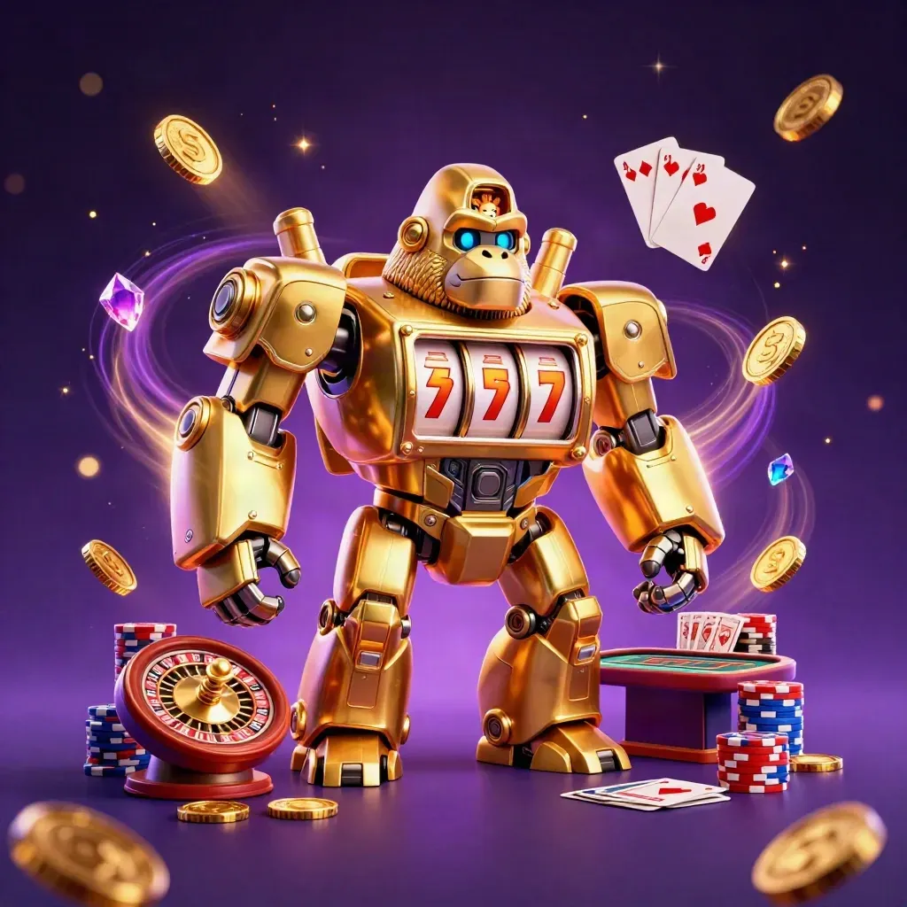 Golden gorilla mech with monkey pilot, chips, coins, roulette wheel, and jewel sparks on purple-black