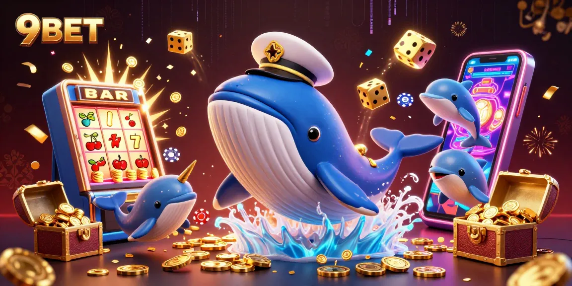 Join 9BET's vibrant casino world with a captivating whale and playful dolphins amidst coins and games.