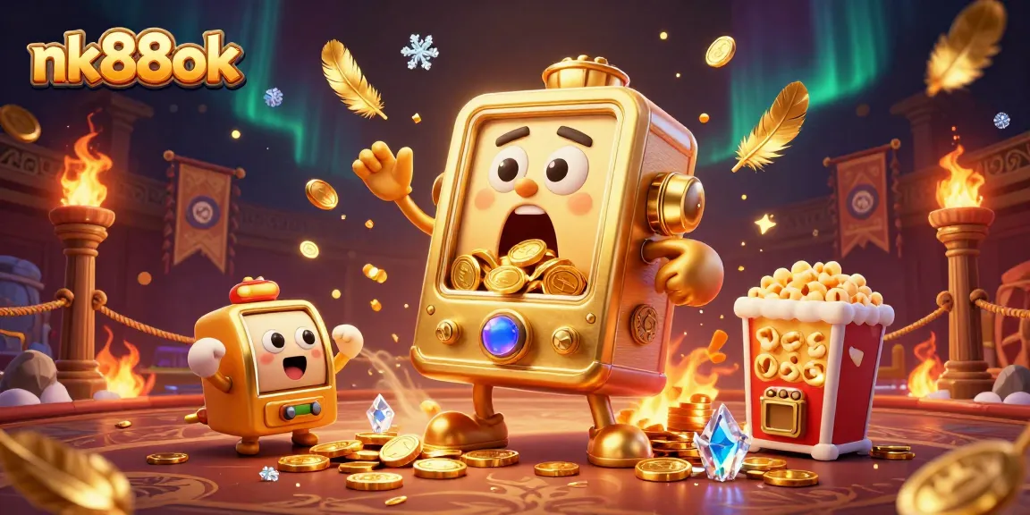 Experience the excitement of nk88ok as a golden slot machine hits a jackpot, surrounded by cheering mini machines.