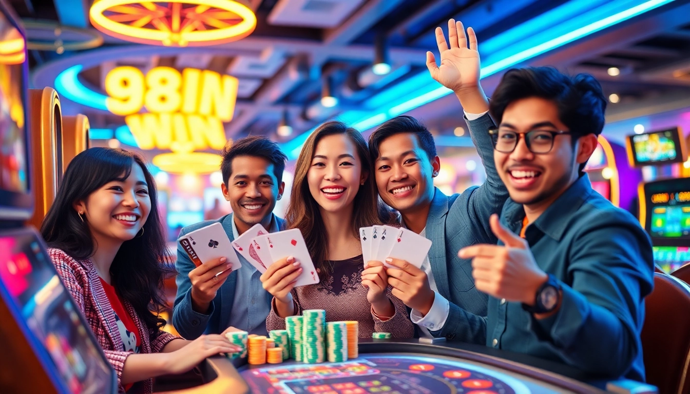 Celebrating a big win at 98win com's stylish casino, vibrant colors and joyful players.