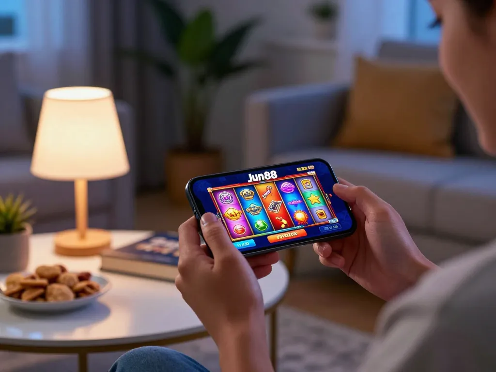 Engaging with the Jun88 mobile casino app while enjoying a cozy home setup