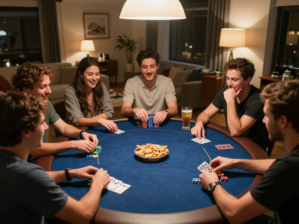 B52 Club players enjoying a lively home poker game night with friends and snacks.