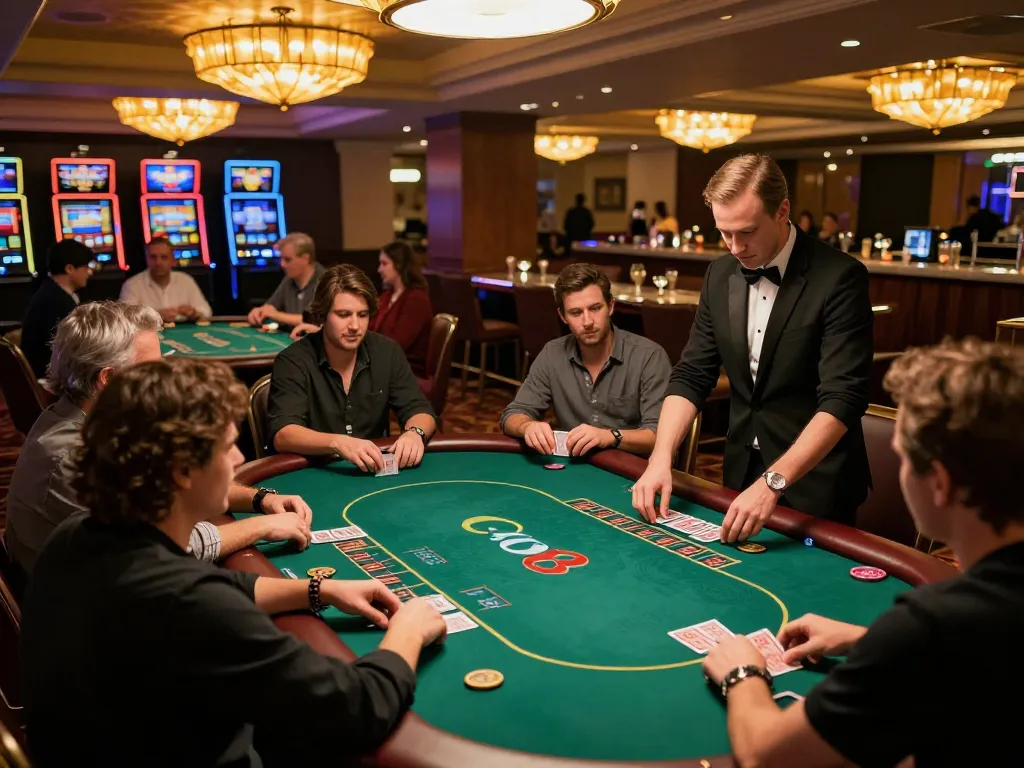 GO8 players enjoying strategic card gameplay at an upscale casino venue with a vibrant atmosphere.