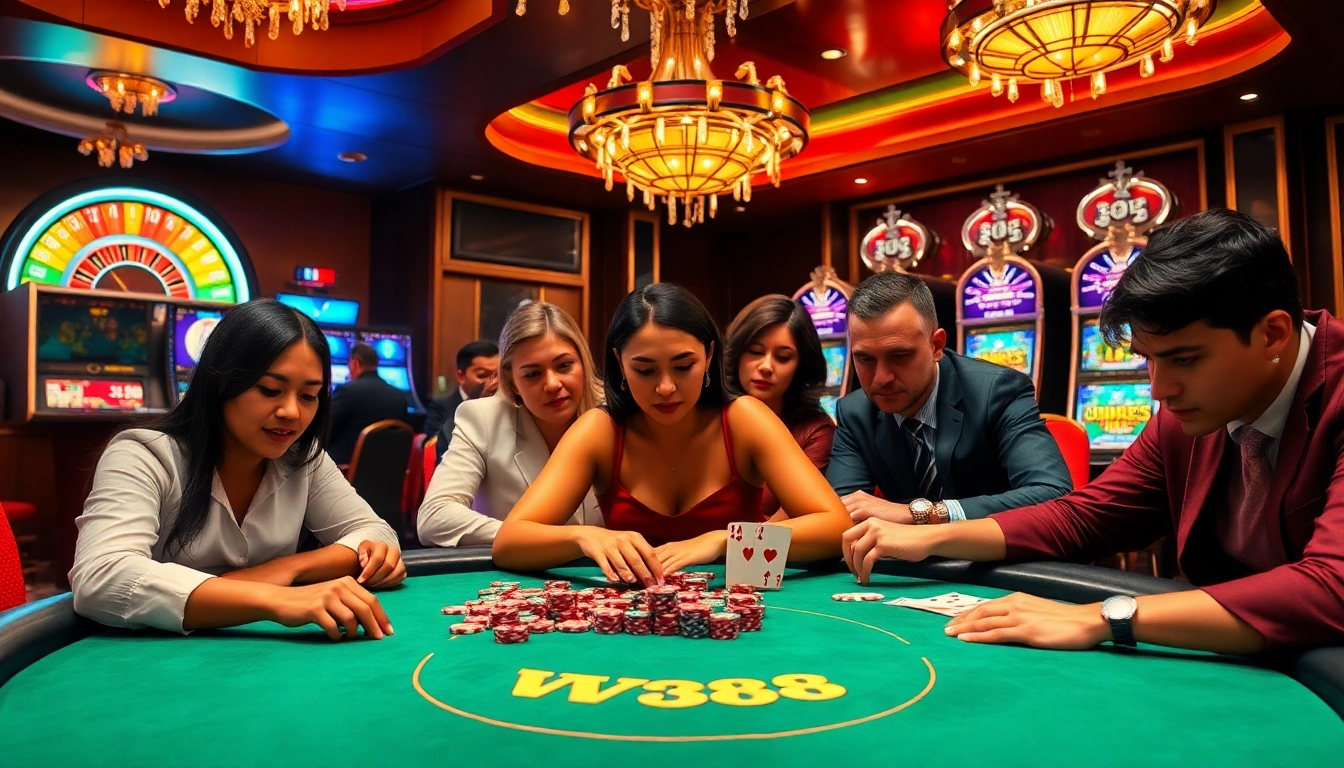 Engaged players enjoy a thrilling game of poker at WW88 casino, surrounded by vibrant gaming ambiance.