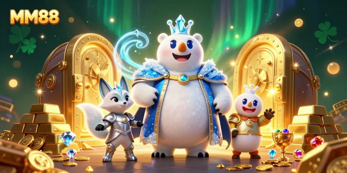 Engage with MM88's casino realm featuring a majestic ice king and treasure elements.