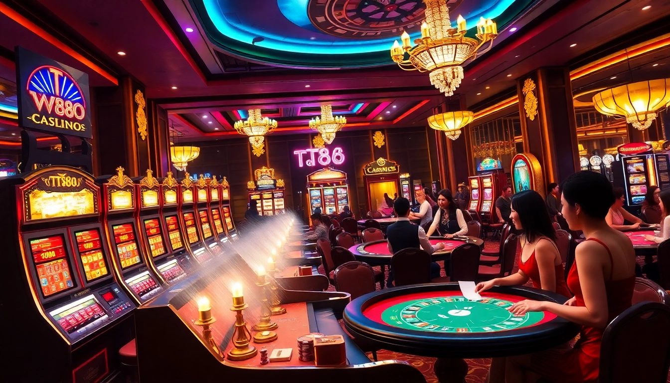 Exciting casino ambiance at TT88 with players enjoying slot machines and poker games.
