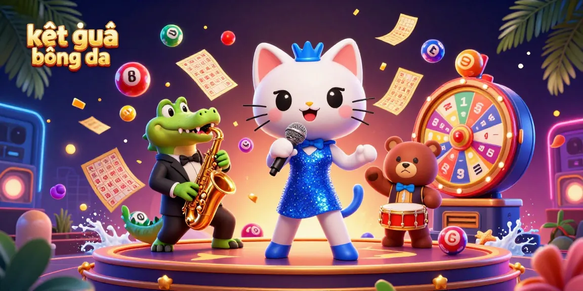 Engage with kết quả bóng đá as a vibrant cartoon scene featuring a jazz-singer cat, a saxophone-playing crocodile, and a drum-playing bear, surrounded by colorful lottery elements.