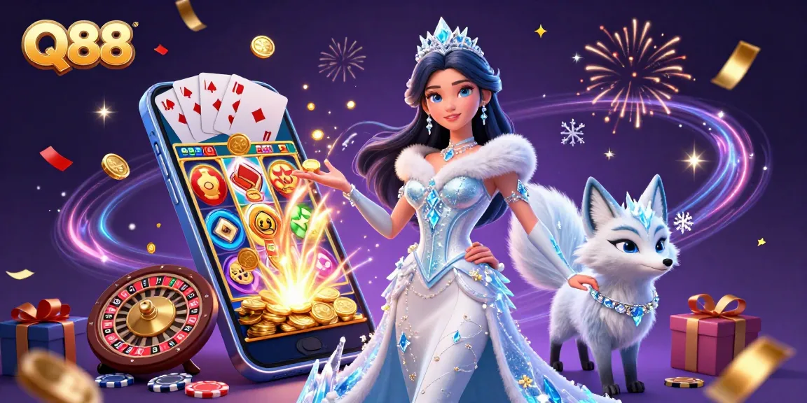 Play exciting Q88 slot game with a whimsical ice queen and arctic fox companion in this vibrant 3D illustration.