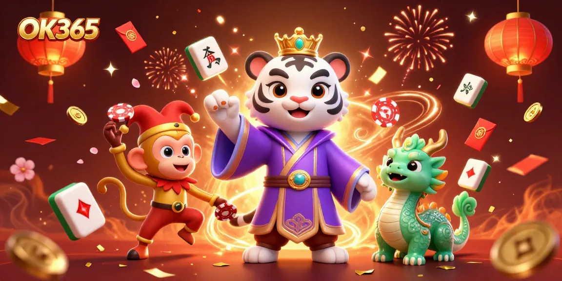 Engage with the vibrant energy of OK365 featuring a majestic tiger and golden monkey amidst casino elements.