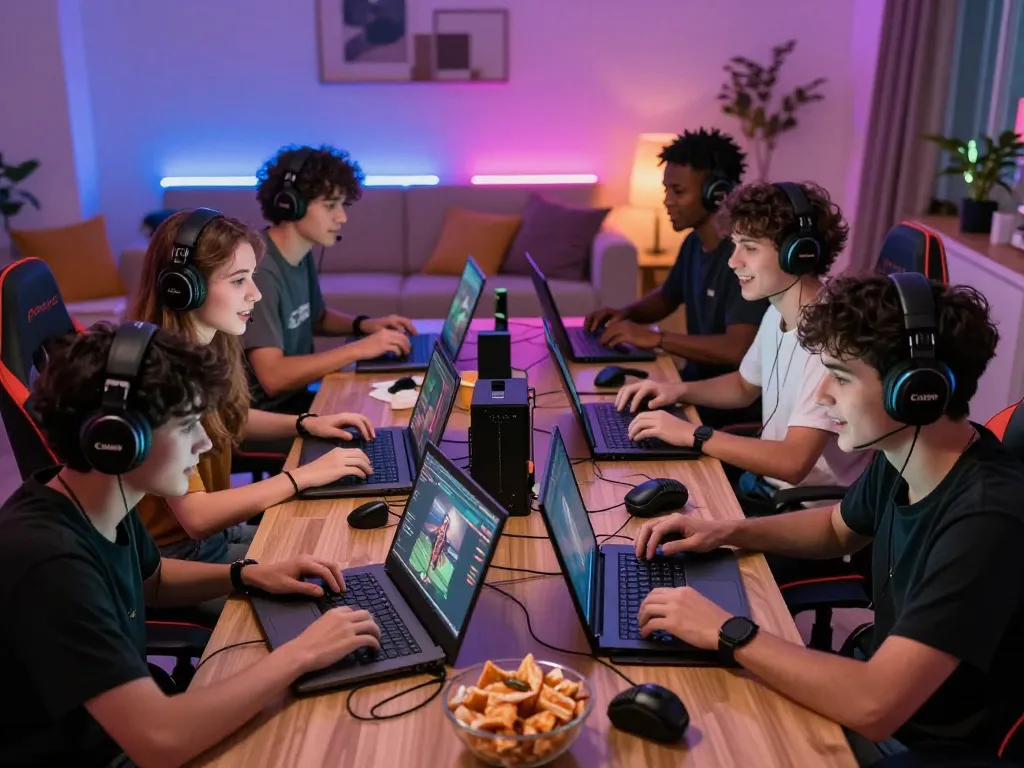 Engaged friends enjoying online gaming experience at https://sc88e.com/ in a vibrant, immersive atmosphere.