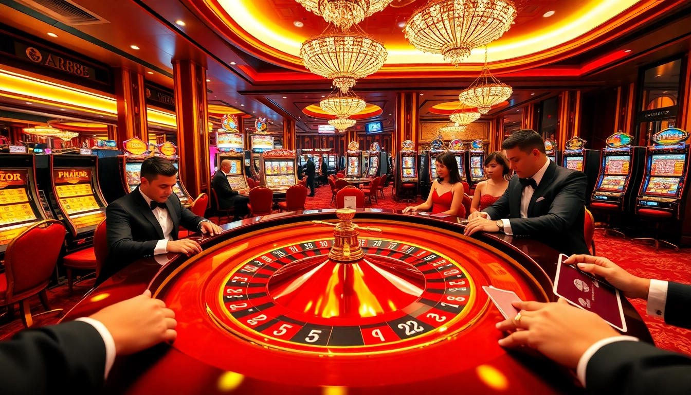 Experience thrilling gambling at RR88 with vibrant roulette tables and elegant players in action.