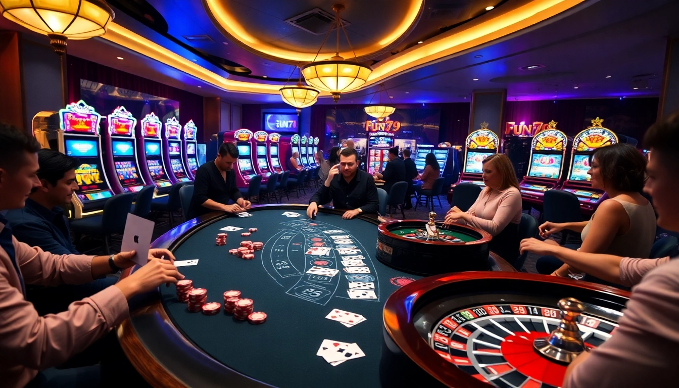 Engaging scene depicting fun79.com with excited gamblers at a blackjack table.