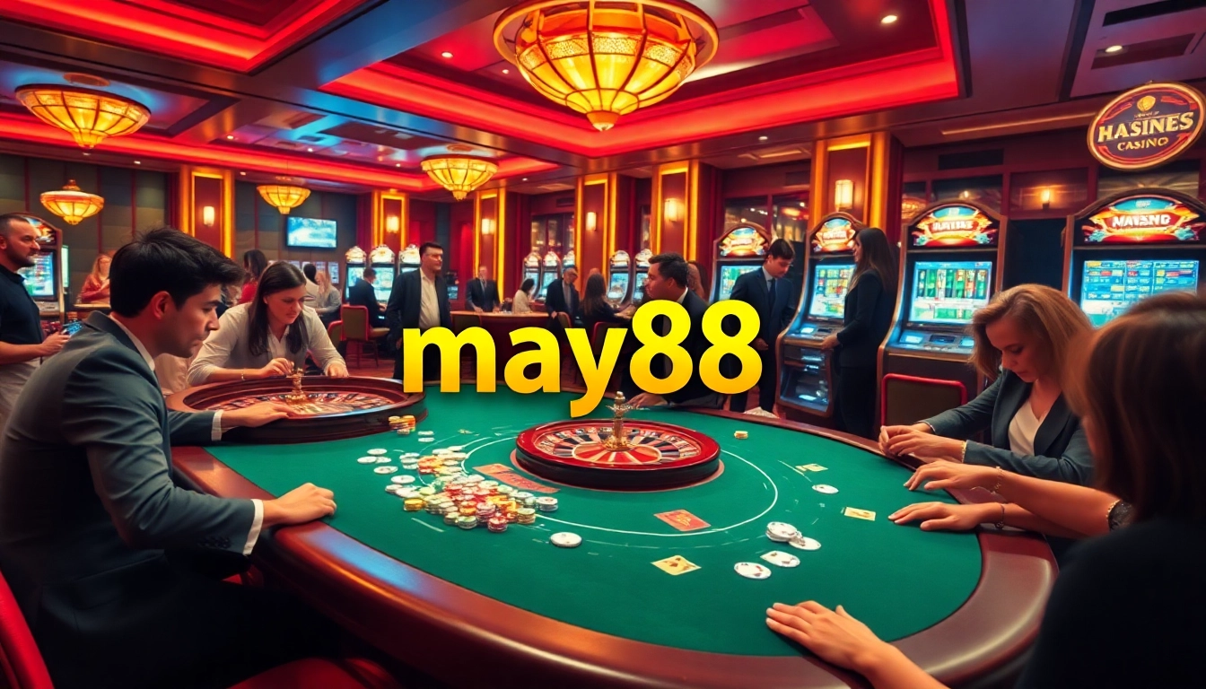 Experience the excitement of may88 at a lively casino table with players betting and winning.
