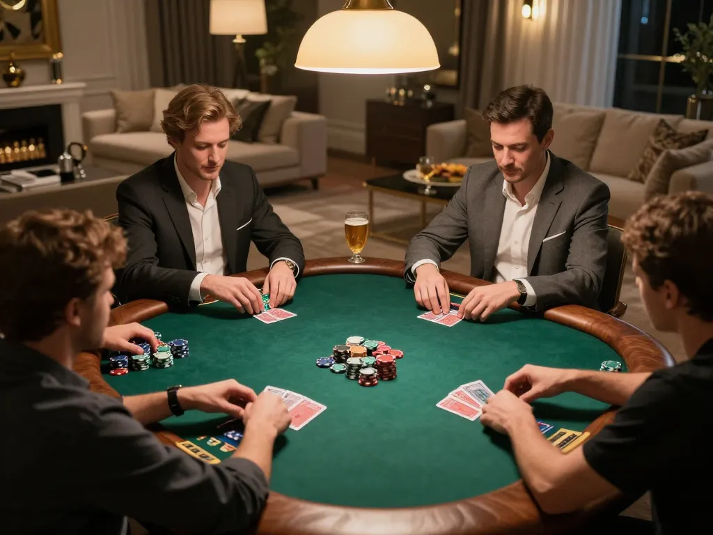 Players engaging in a high-stakes poker game at home with 789club atmosphere, showcasing strategy and excitement