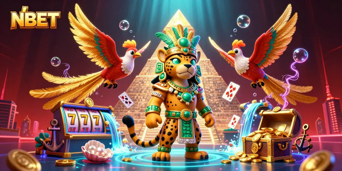 Engage in thrilling slots with NBET in this vibrant Mayan-themed casino scene.