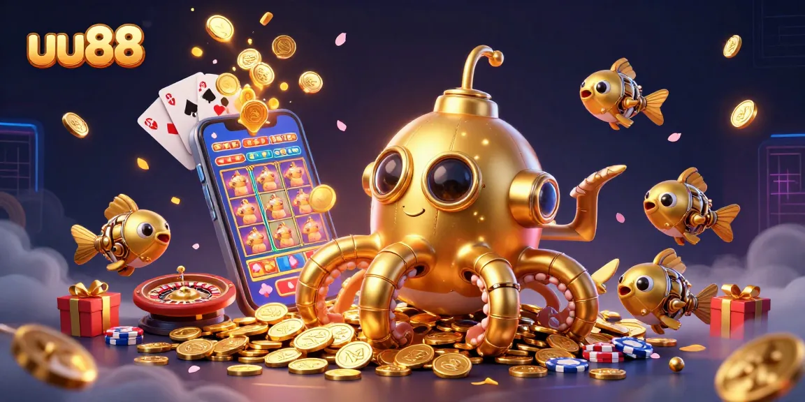 Experience thrilling gameplay at uu88 with the vibrant kraken submarine amidst golden coins and gaming elements.