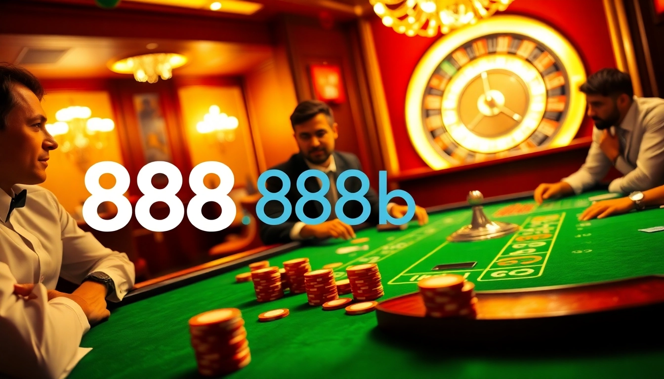 Players enjoying a thrilling poker game at the 888b casino with vibrant chips and cards.