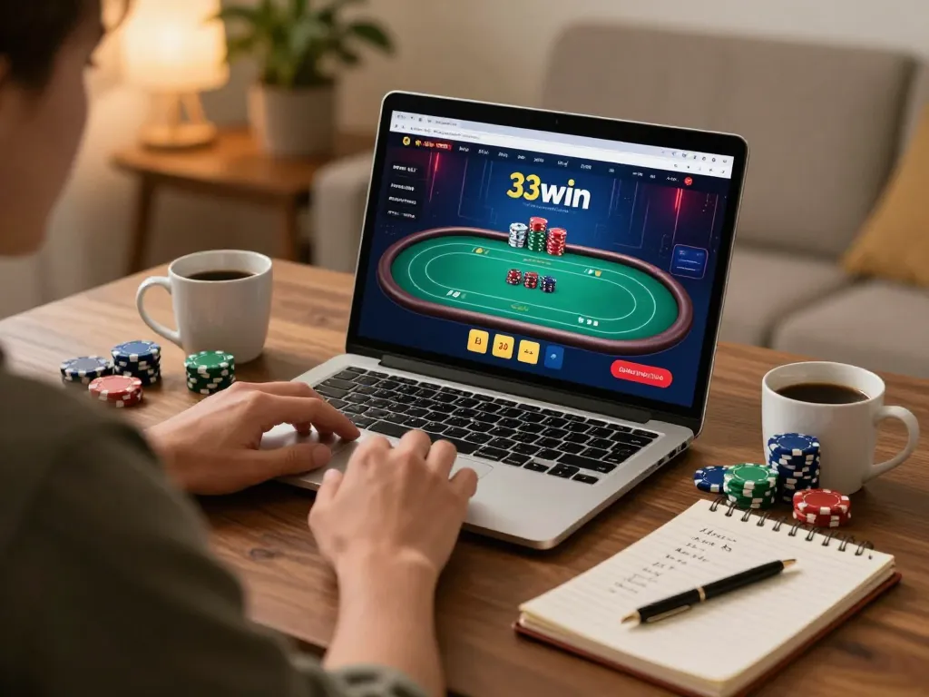 Player exploring strategic poker gameplay on 33win, set in a cozy home environment with personal touches.