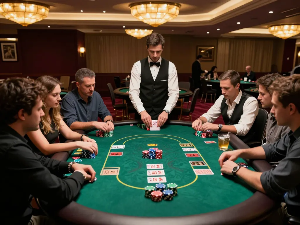 Players engage in a Texas Hold'em game at a debet poker table, with vibrant chips and warm lighting.